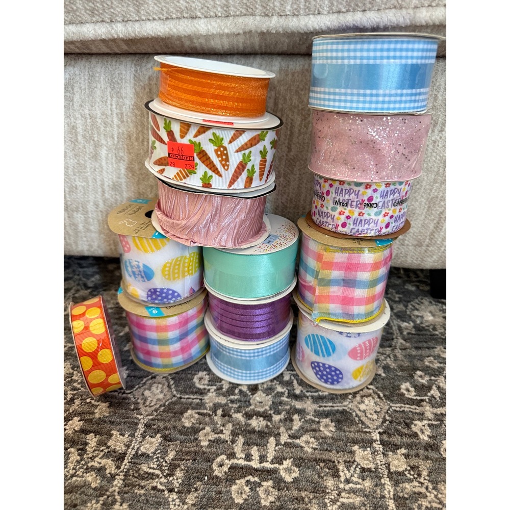13 Rolls Easter Spring Pastel Craft Ribbon Lot Carrots Eggs Gingham Wired Satin